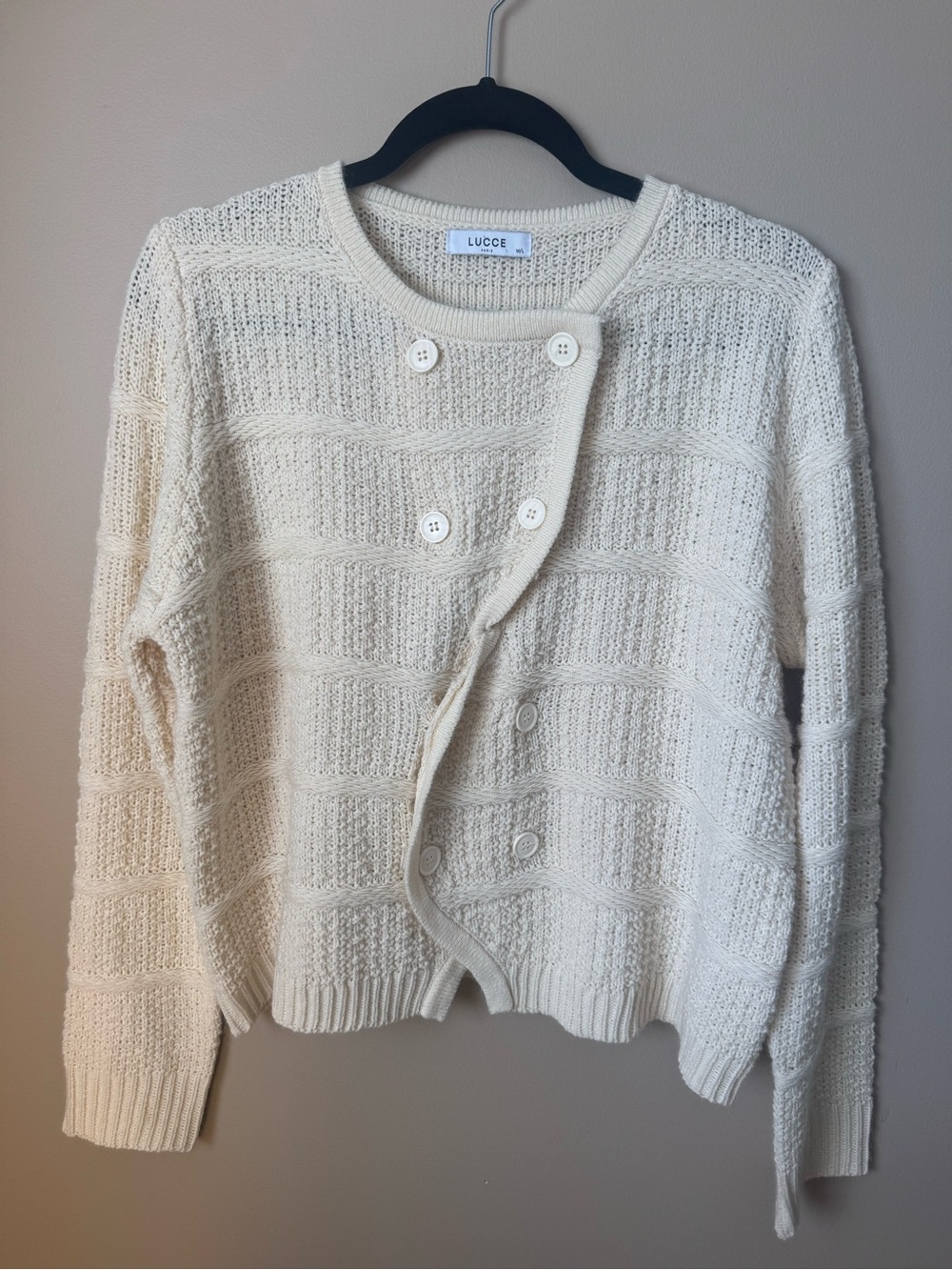 LUCCE PARIS Cream Asymmetrical Button Knit Sweater Cardigan M/L